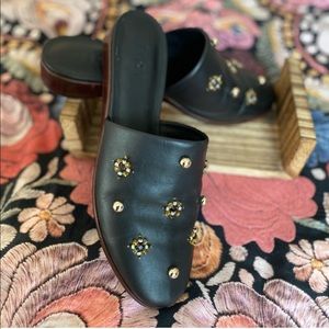 Tibi Kirsi embroidered black leather mules with beaded jewel accents